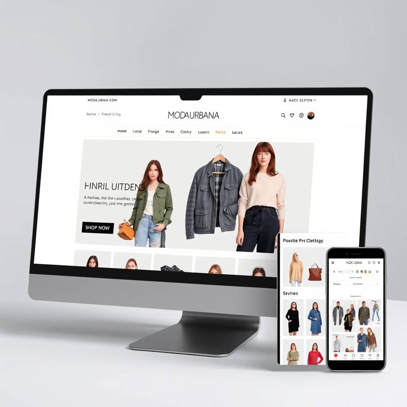 Captura de pantalla de la tienda online 'Moda Urbana', con un diseño moderno y responsivo que se adapta a dispositivos móviles y de escritorio. Se muestran imágenes de ropa y accesorios de moda.