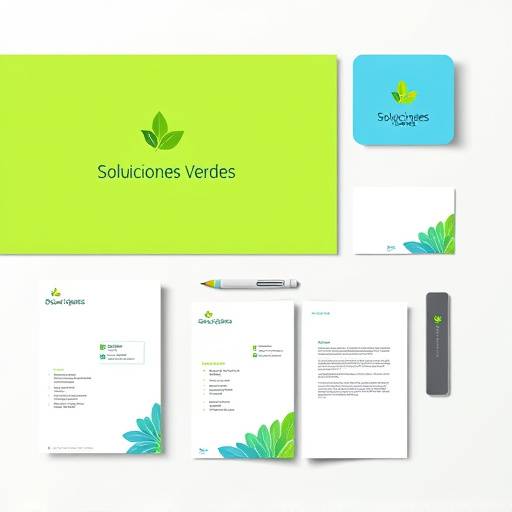 Diseño de identidad corporativa para la empresa de energías renovables 'Soluciones Verdes', con colores verdes y azules que evocan la naturaleza y la sostenibilidad. Se muestra el logotipo, la papelería y otros elementos visuales.