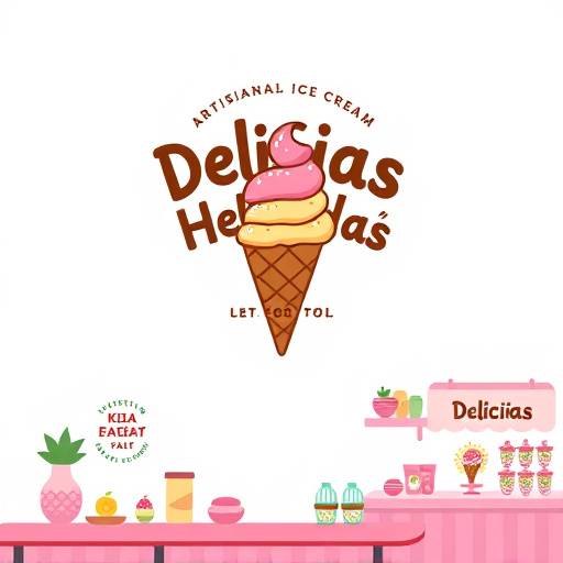 Diseño de la marca para la heladería artesanal 'Delicias Heladas', con un logotipo divertido y colorido que evoca la alegría y el sabor de los helados artesanales. Se muestra también el diseño de los envases y la decoración del local.