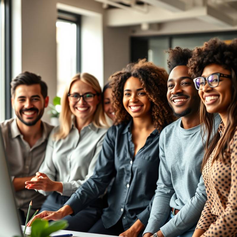 Foto de equipo de Imaginarium: Un grupo diverso de creativos sonriendo y trabajando juntos en un ambiente de oficina moderno.