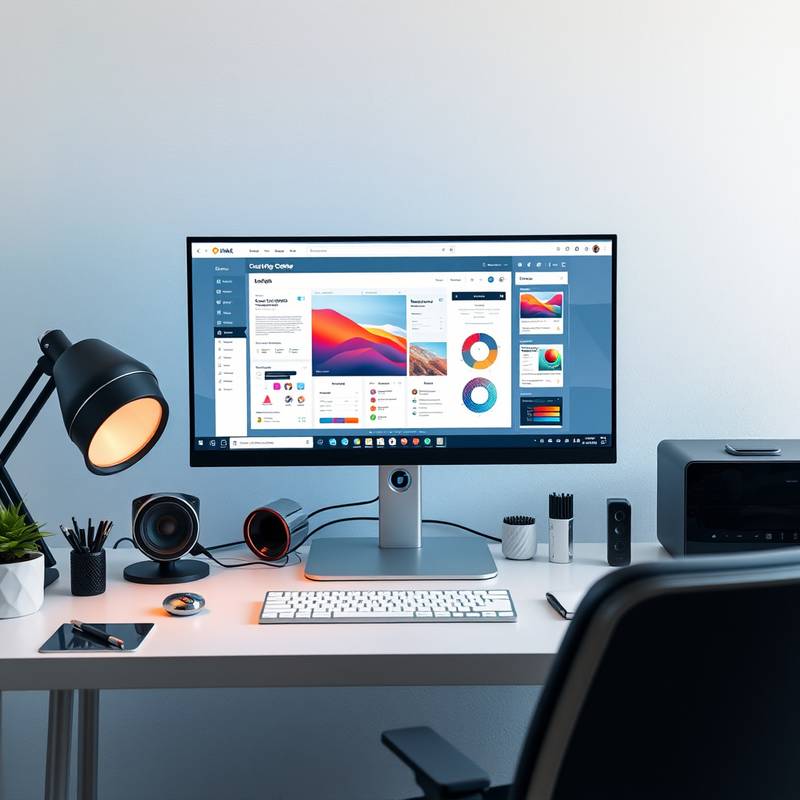 Imagen de un espacio de trabajo creativo con herramientas de diseño y un ordenador mostrando una interfaz moderna.