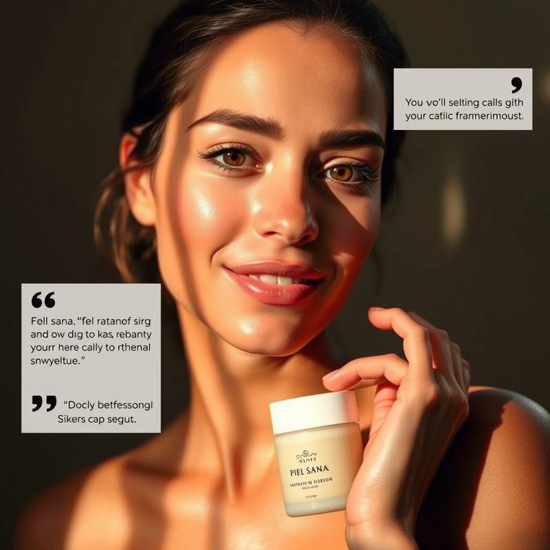 Imágenes de la campaña de redes sociales para el producto de belleza natural 'Piel Sana', con fotografías atractivas de modelos utilizando el producto y testimonios de clientes satisfechos.